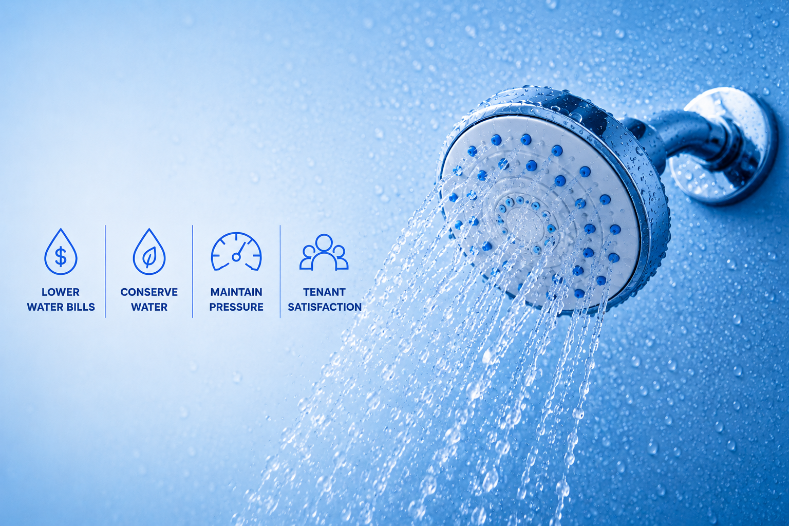 High-efficiency shower head highlighting lower water bills, water conservation, maintained pressure, and tenant satisfaction