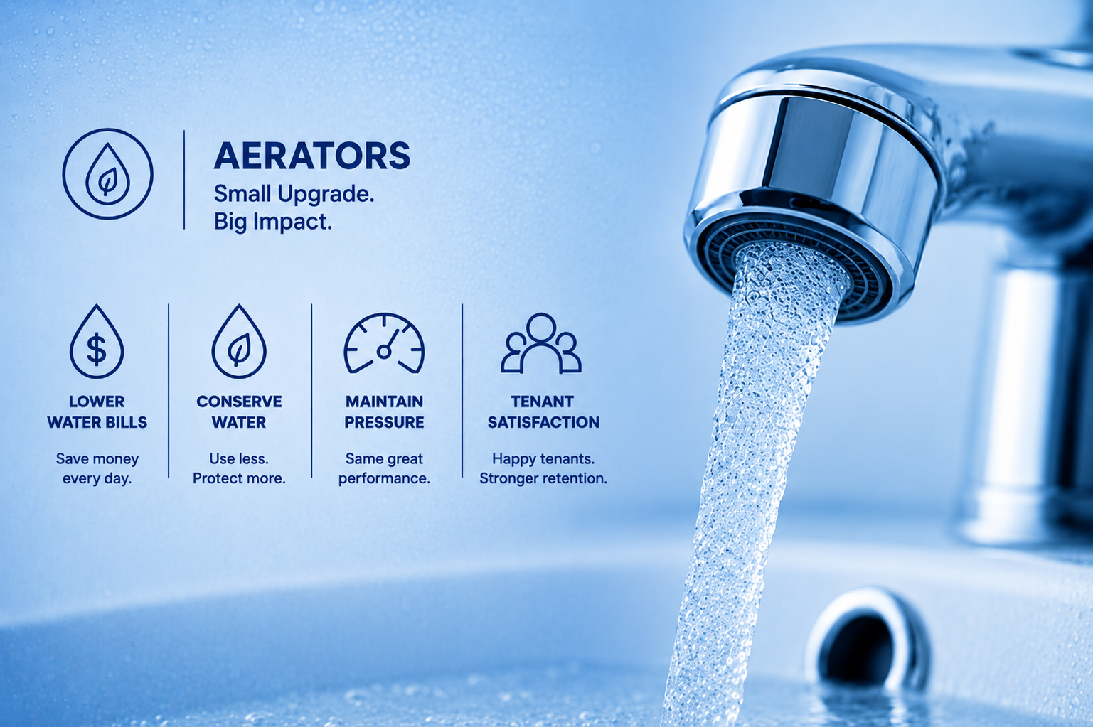 Low-flow faucet aerator highlighting lower water bills, water conservation, maintained pressure, and tenant satisfaction